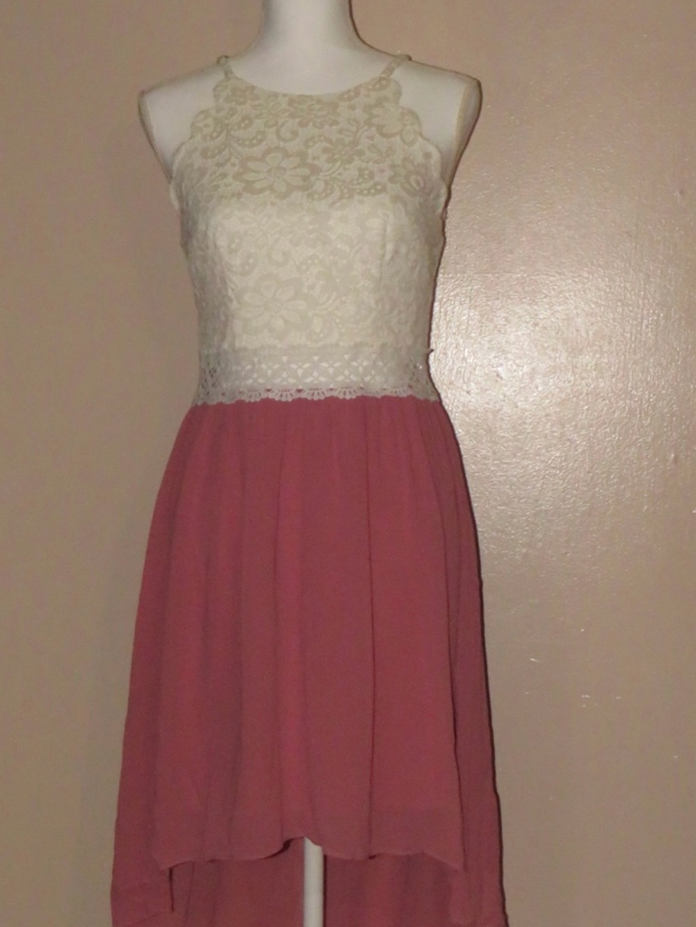by & by Women’s (Juniors) Ivory Lace Top with Dusty Rose High-Low Skirt. Size 9